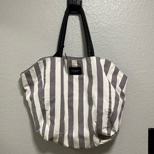 Victoria’s Secret Striped Canvas Tote Gray White Beach Travel Weekender Bag